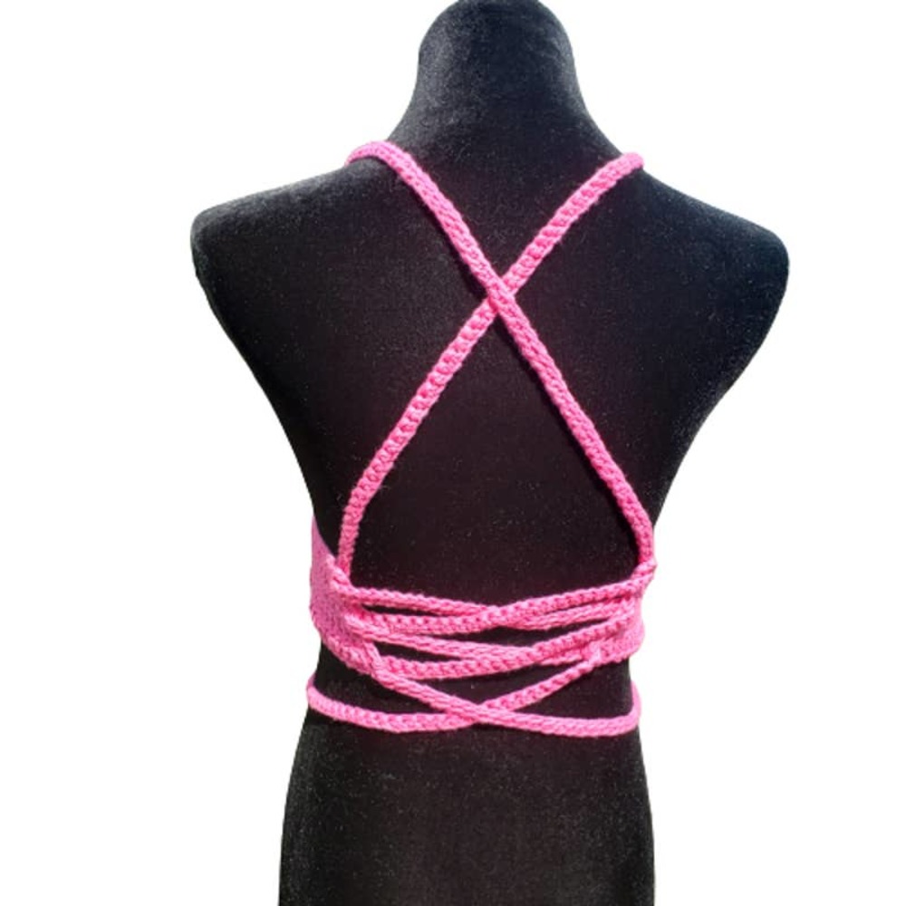 Crop Top BARBIECORE PINK Crochet Festival Cotton B CUP Adjustable Size - Picture 4 of 8